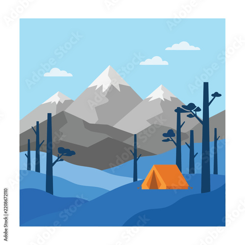 Camping tent in front of snowy mountain range landscape