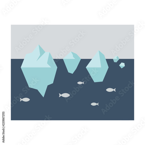 Icebergs floating in ocean with fish swimming underwater in sea