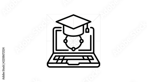 Online education icon: laptop, graduation cap, globe. Isolated.
