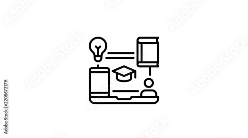 Online learning concept: bulb, book, graduation cap, person and phone icons