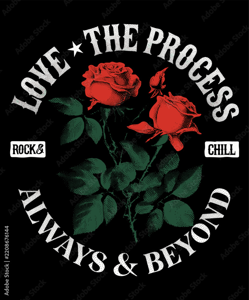 Fototapeta premium Vintage rose art. Retro rock chill. Love the process. Floral streetwear. Red roses illustration.