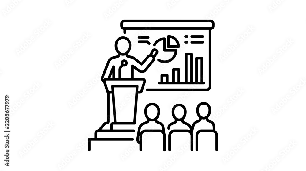 Fototapeta premium Presentation Icon: Speaker, Podium, Charts, Audience, Transparent Background