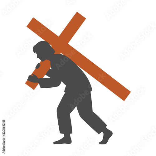man carrying large orange x on back