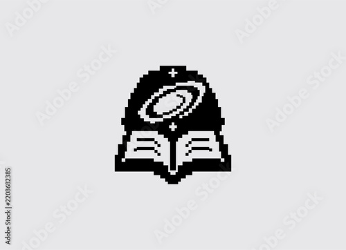 Pixel Art Book and Education Knowledge Icon with Cosmic Symbol in Black and White