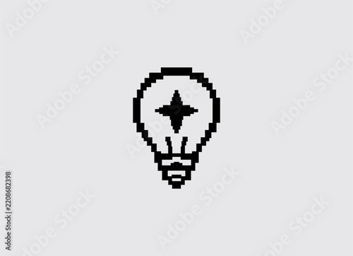 Pixel Art Light Bulb Idea and Innovation Icon in Black and White