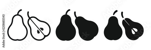Pear fruit vector icon showing whole and sliced fresh pear for healthy food, organic produce, and agricultural design