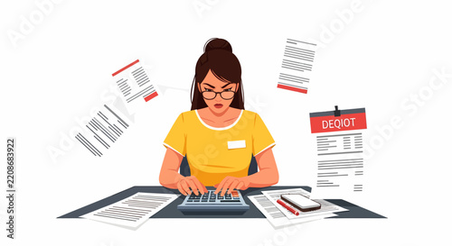 Stressed Hispanic Coordinator Calculating Scattered Invoices and Deficit