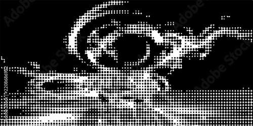 Abstract Halftone Digital Art Featuring Monochrome Glitch Effect and Dynamic Eye Vortex Pattern