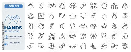 Hands icon set. Gestures, support, touch, trust and interaction thin line icons. Editable stroke vector illustrations.