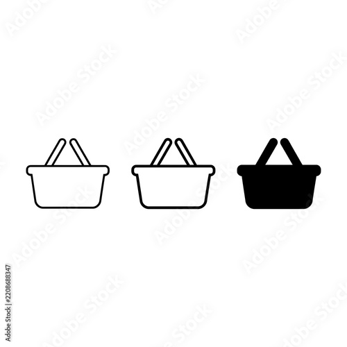 Set of Three Minimalist Basket Icons in Outline and Filled Styles on White Background