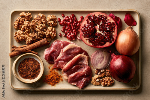 Gourmet ingredient flat lay with raw meat, pomegranate, walnut, onion, cinnamon and aromatic spice arranged on a rustic tray for creative cooking.