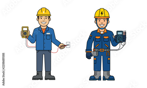 Vector illustration of electricians holding a multimeter and wearing hard hats