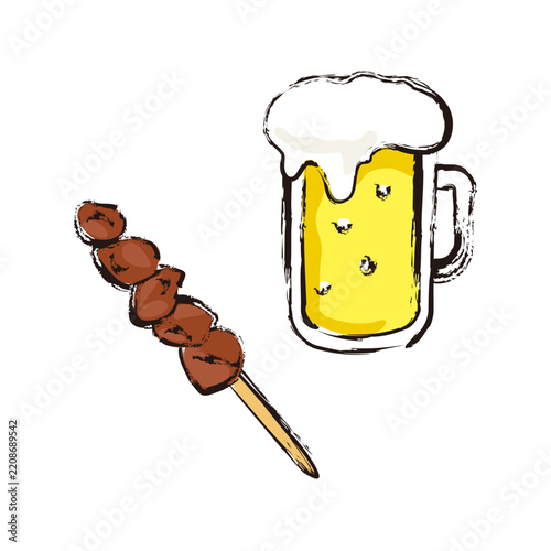 生ビールと焼き鳥レバー串のイラスト