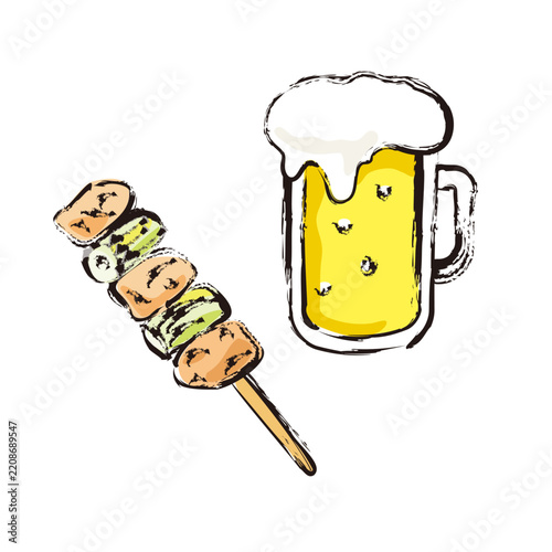 生ビールと焼き鳥ねぎま串のイラスト
