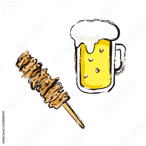 生ビールと焼き鳥皮串のイラスト