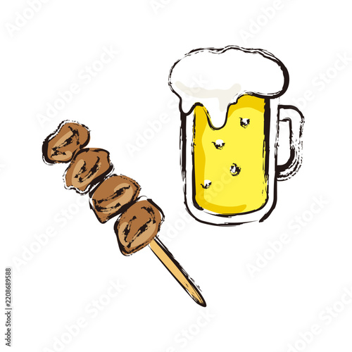 生ビールと焼き鳥ハツ串のイラスト