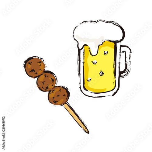 生ビールと焼き鳥つくね串のイラスト