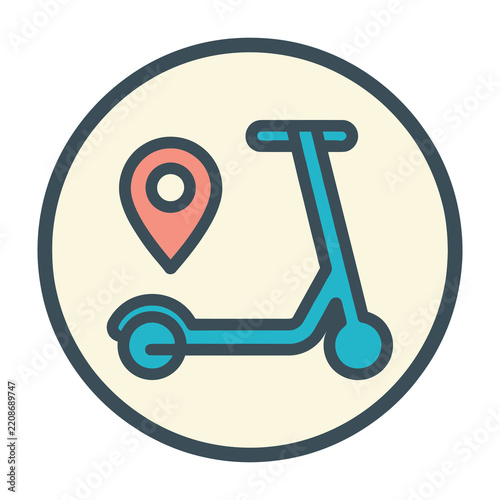 Electric scooter with location pin icon for navigation and transportation services online