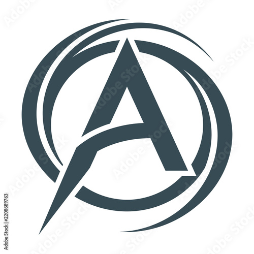 Dark blue logo with stylized letter A and circular design elements