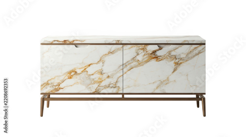 Modern marble sideboard with gold metal frame, isolated on transparent background