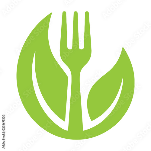 Green fork and leaf logo symbolizing healthy eating and vegetarian lifestyle