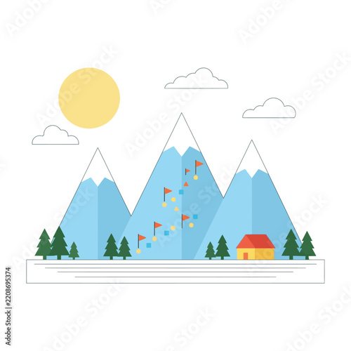 Snowy mountain range with colorful house and trees under sunny sky
