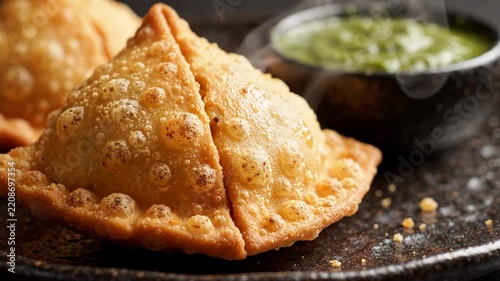 Delicious Samosas with Mint Chutney Dip - Indian Street Food Appetizer