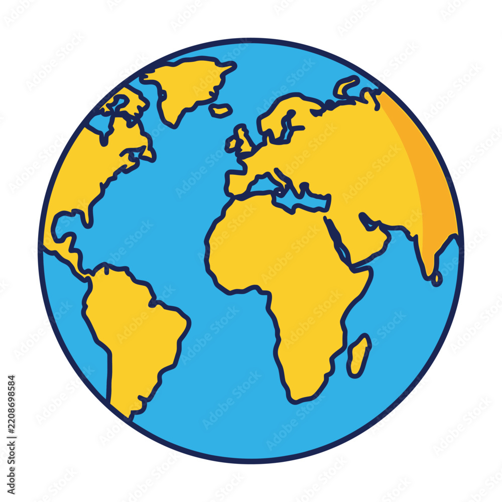 Obraz premium Globe Earth World Map Yellow Continents Blue Ocean Planet Earth