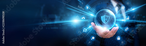Businessman holding cybersecurity and global protection, analyzing digital threats, monitoring network security, protecting business data, improving enterprise cyber defense