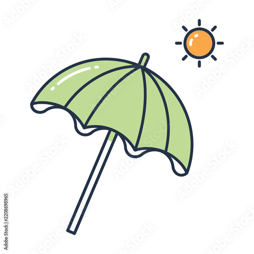 Green Beach Umbrella and Bright Sun Icon Isolated on a Simple White Background
