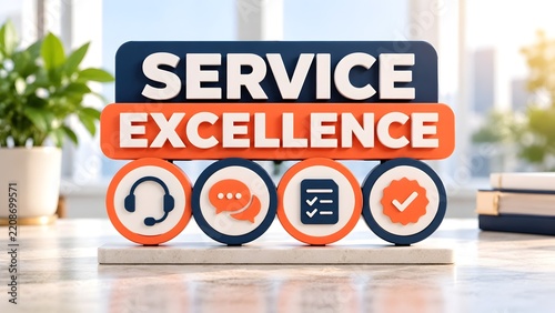 Service excellence concept displayed with 3D text and circular icons for customer support, communication, process, and quality assurance