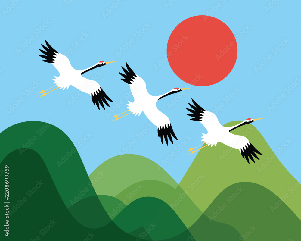 Obraz premium Flat vector illustration of three redcrowned cranes flying over layered green hills with a rising red sun