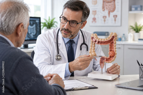 Gastroenterologist Explaining Colon Polyp and Colorectal Cancer Risk to Senior Patient