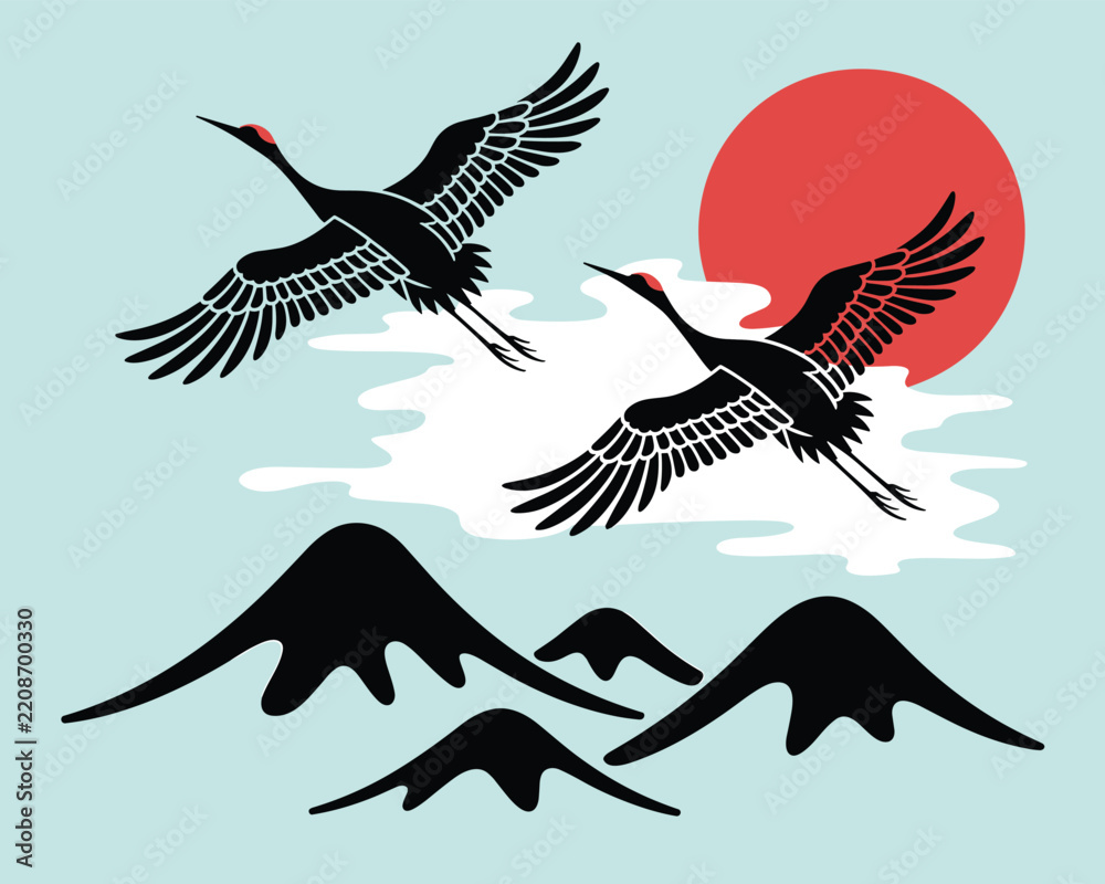 Obraz premium Two elegant redcrowned cranes flying over mountains with a large red sun in traditional japanese style illustration
