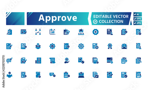 Title: Approval and Approved Status Fill Icons Set, Checkmark, Verified, Confirmation and Authorization Symbols