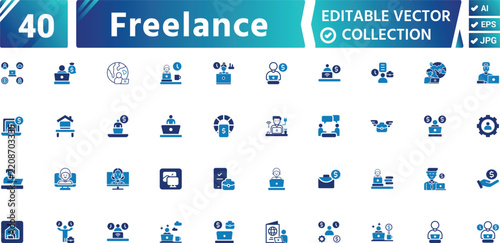 Freelance Work and Freelancer Solid Fill Icon Set – Freelancer, Remote Job, Gig Economy and Online Business Vector Collection