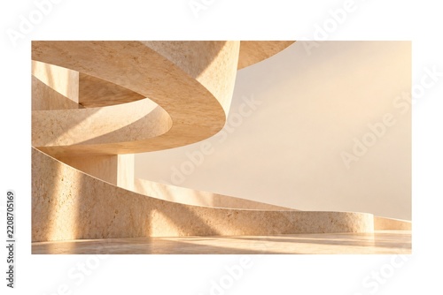 Luxury Beige Travertine Abstract Architecture with Sculptural Curved Stone Walls and Warm Sunlight