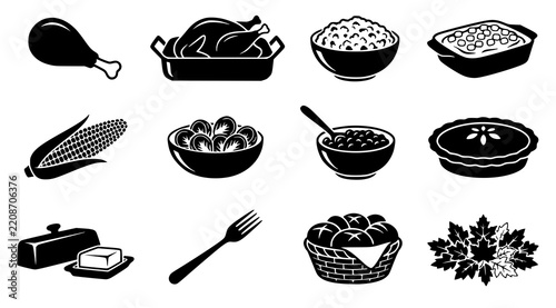 Traditional Thanksgiving Feast Food and Tableware Silhouette Set