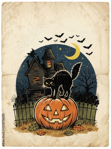 Spooky Halloween Background with Pumpkins and Skull on Antique Stone Wall, Vintage Gothic Door and Architectural Decoration for Autumn Holiday Design