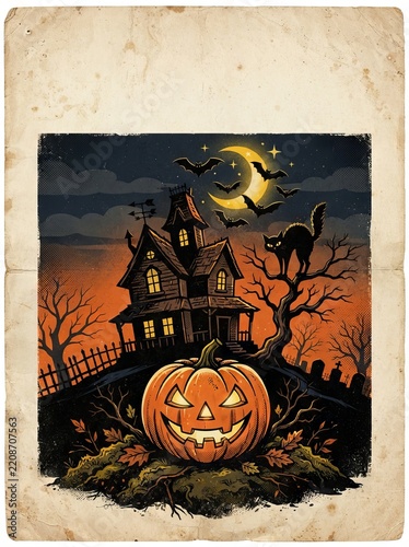 Spooky Halloween Background with Pumpkin and Witch, Festive Autumn Night Illustration for October Holiday Celebration, Greeting Card, Party Decoration and Seasonal Design
