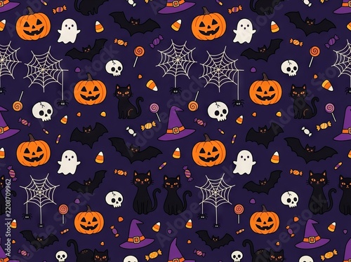Cute Halloween Seamless Pattern with Pumpkins, Skulls, Ghosts, Pandas and Funny Monsters, Cartoon Vector Illustration for Festive Autumn Holiday Background, Wrapping Paper and Textile Design