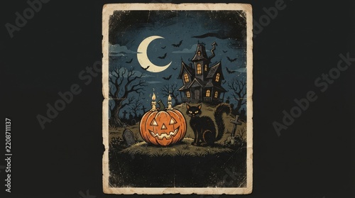 Spooky Halloween Background with Pumpkins, Bats, Moon and Black Cat, Festive Autumn Night Illustration for October Holiday Celebration, Greeting Card and Seasonal Design