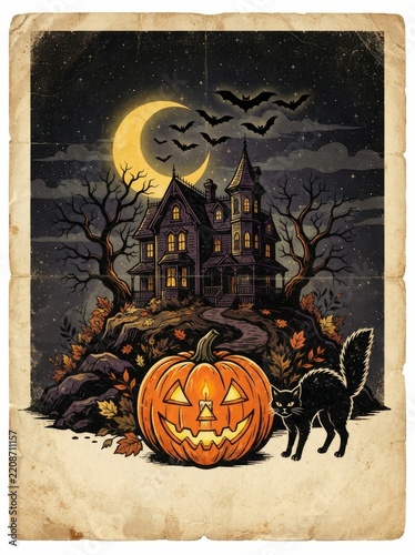 Spooky Halloween Background with Pumpkins, Bats, Moon and Black Cat, Festive Autumn Night Illustration for October Holiday Celebration, Greeting Card and Seasonal Design