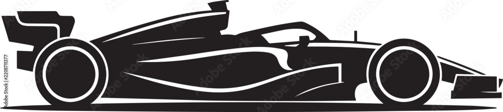 Obraz premium Black silhouette of a modern formula one race car isolated on a light gray background side view