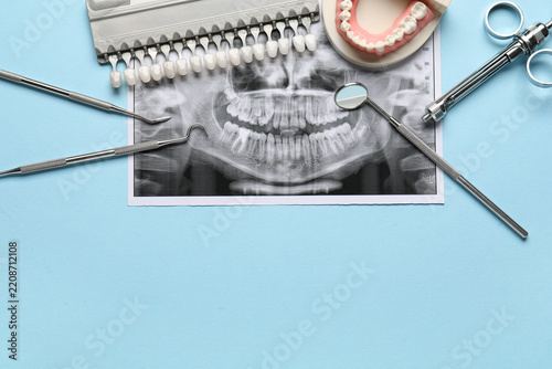 Dental care and oral health diagnostics, dentist tools with teeth x-ray and s...