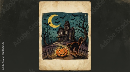 Spooky Halloween Background with Pumpkins, Bats, Moon and Black Cat, Festive Autumn Night Illustration for October Holiday Celebration, Greeting Card and Seasonal Design