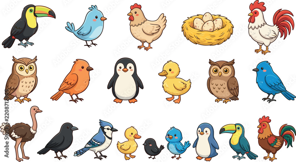 Obraz premium Cute happy cartoon birds poultry and nest icon collection set isolated on white background flat vector illustration