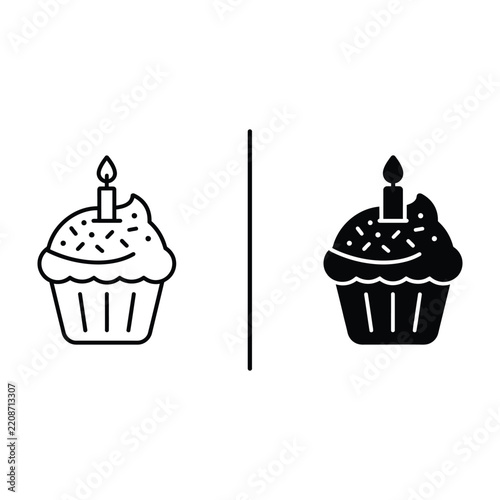 Black and white cupcake illustration with candle for birthday celebration design