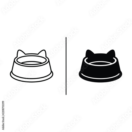 Black and white cat bowl icon set for pet care