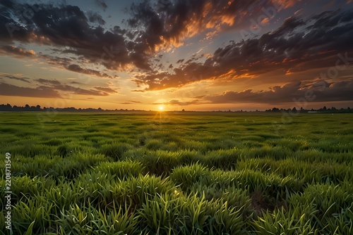 Panoramic Green Grass Field with Colorful Sunset Sky and Dramatic Clouds Scenic Natural Landscape Background for Outdoor Designs and Wallpapers
